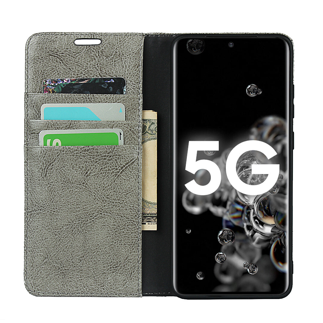 Crazy Horse Genuine Leather Wallet Case for Samsung Galaxy S20 Ultra - Grey