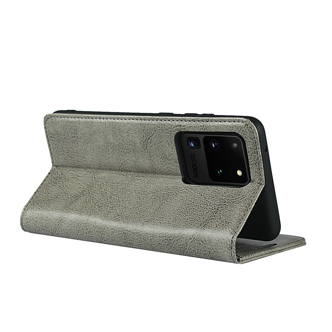 Crazy Horse Genuine Leather Wallet Case for Samsung Galaxy S20 Ultra - Grey