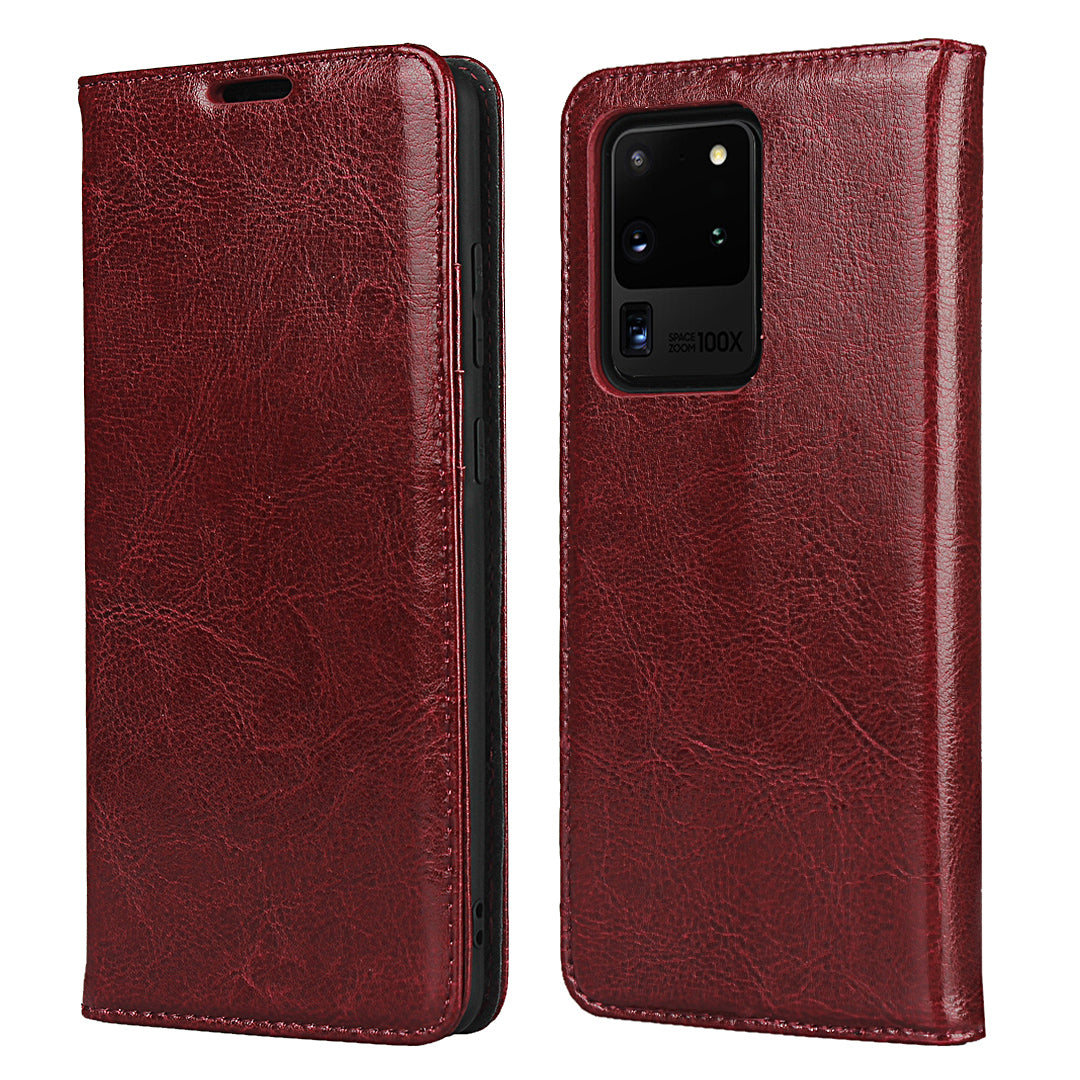 Crazy Horse Genuine Leather Wallet Case for Samsung Galaxy S20 Ultra - Red