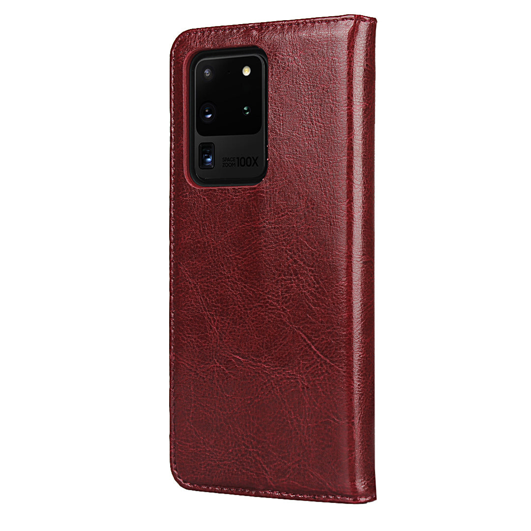 Crazy Horse Genuine Leather Wallet Case for Samsung Galaxy S20 Ultra - Red