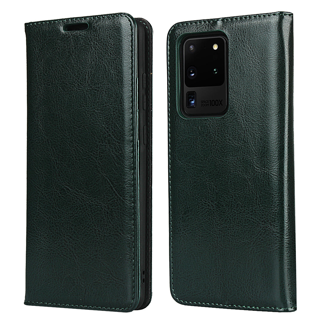 Crazy Horse Genuine Leather Wallet Case for Samsung Galaxy S20 Ultra - Blackish Green