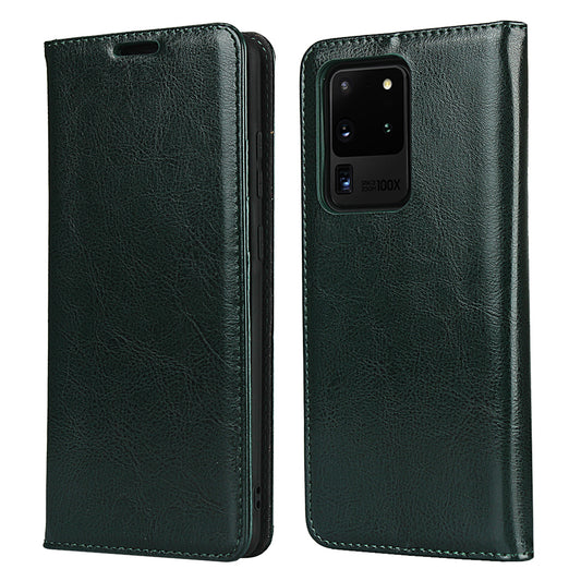 Crazy Horse Genuine Leather Wallet Case for Samsung Galaxy S20 Ultra - Blackish Green