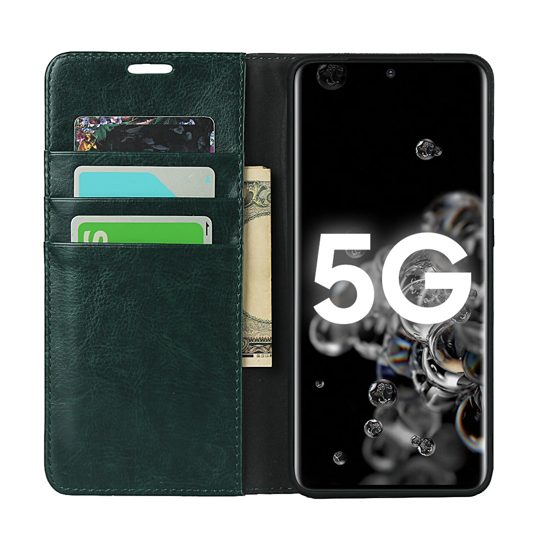 Crazy Horse Genuine Leather Wallet Case for Samsung Galaxy S20 Ultra - Blackish Green