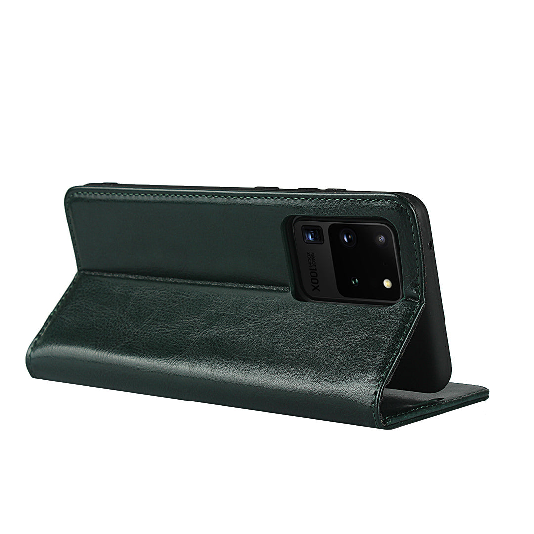 Crazy Horse Genuine Leather Wallet Case for Samsung Galaxy S20 Ultra - Blackish Green
