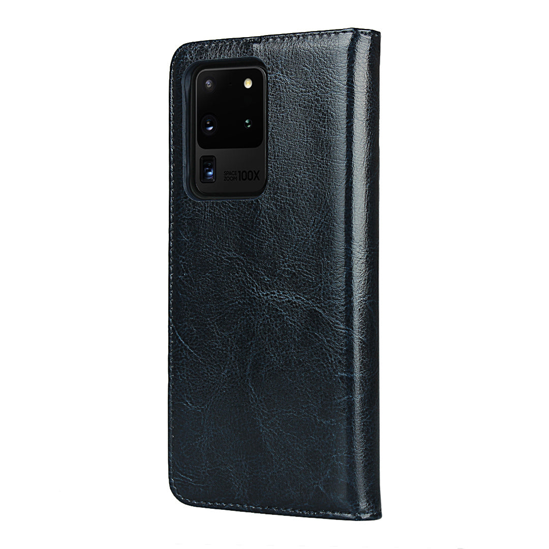 Crazy Horse Genuine Leather Wallet Case for Samsung Galaxy S20 Ultra - Blue