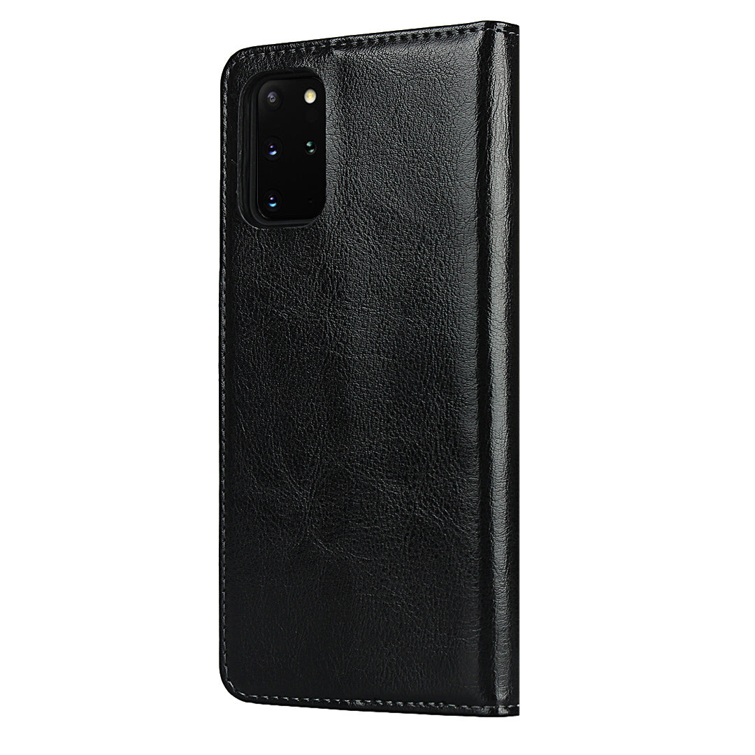 Crazy Horse Genuine Leather Wallet Shell Case for Samsung Galaxy S20 Plus/S20 Plus 5G - Black