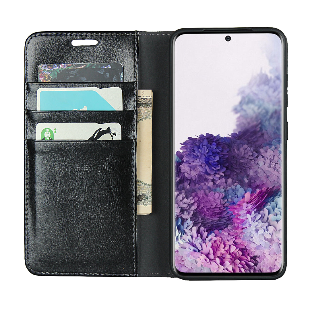 Crazy Horse Genuine Leather Wallet Shell Case for Samsung Galaxy S20 Plus/S20 Plus 5G - Black