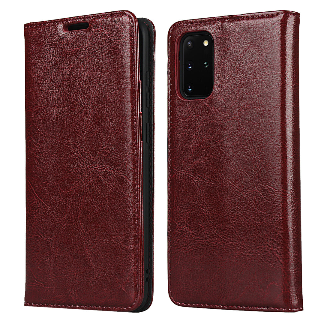 Crazy Horse Genuine Leather Wallet Shell Case for Samsung Galaxy S20 Plus/S20 Plus 5G - Red