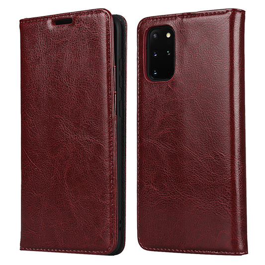 Crazy Horse Genuine Leather Wallet Shell Case for Samsung Galaxy S20 Plus/S20 Plus 5G - Red