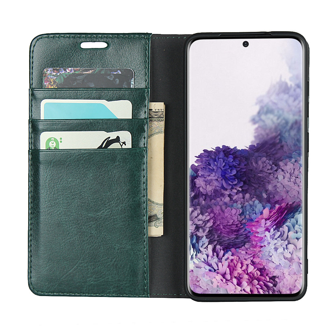 Crazy Horse Genuine Leather Wallet Shell Case for Samsung Galaxy S20 Plus/S20 Plus 5G - Blackish Green