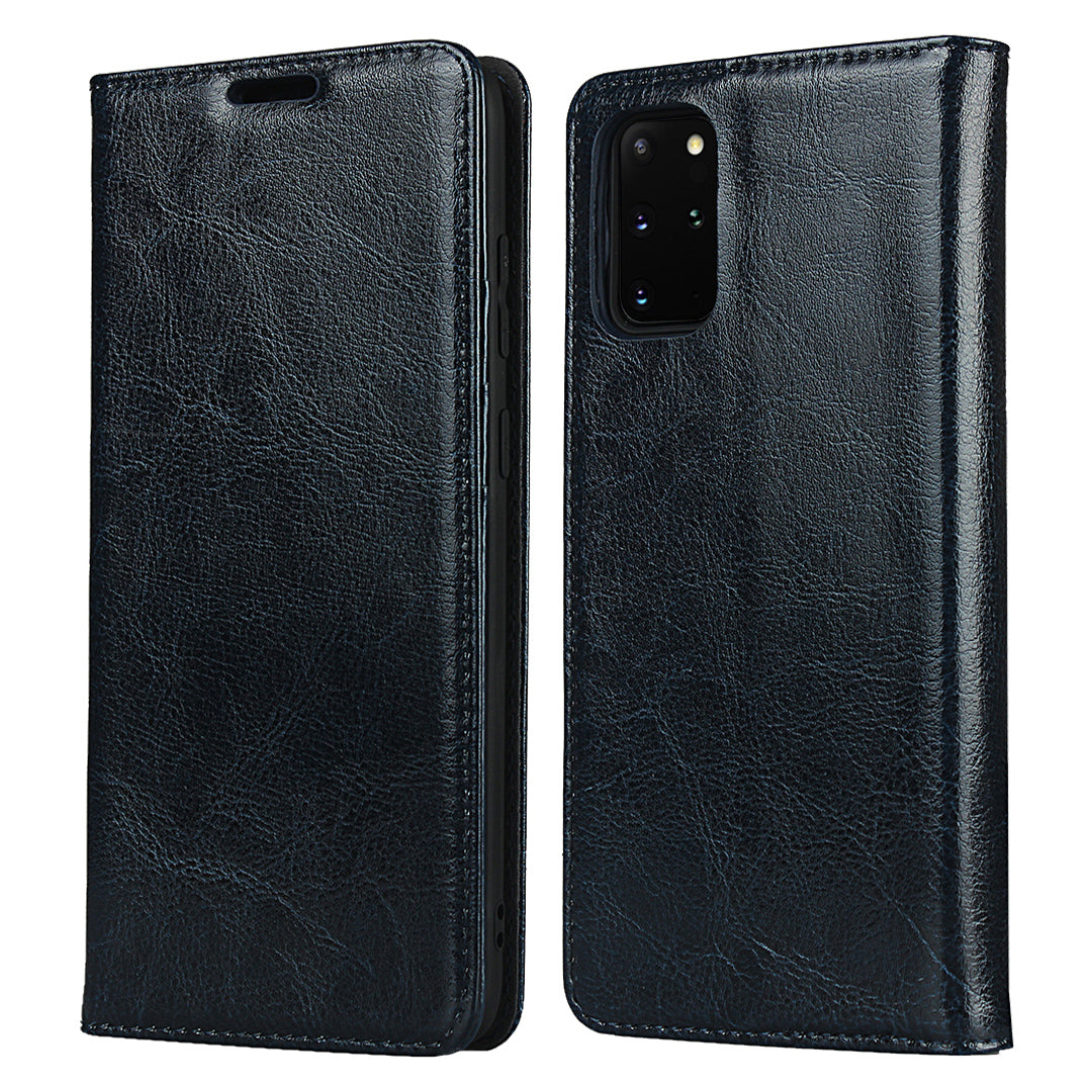 Crazy Horse Genuine Leather Wallet Shell Case for Samsung Galaxy S20 Plus/S20 Plus 5G - Blue
