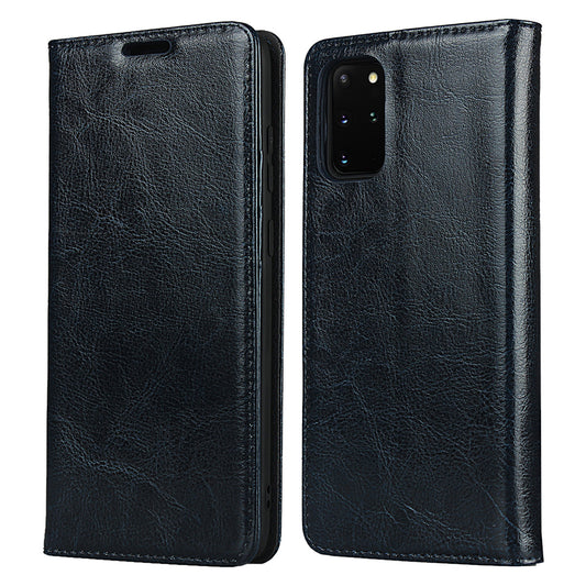 Crazy Horse Genuine Leather Wallet Shell Case for Samsung Galaxy S20 Plus/S20 Plus 5G - Blue