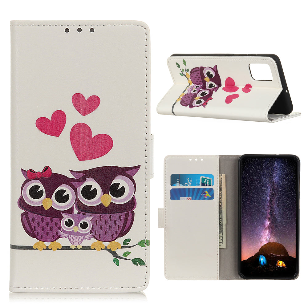 Printing Skin with Wallet Leather Protective Cover for Samsung Galaxy S20 FE/S20 Fan Edition/S20 FE 5G/S20 Fan Edition 5G/S20 Lite - Owls and Hearts