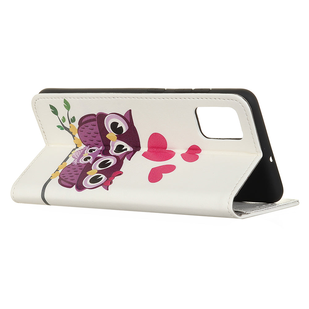 Printing Skin with Wallet Leather Protective Cover for Samsung Galaxy S20 FE/S20 Fan Edition/S20 FE 5G/S20 Fan Edition 5G/S20 Lite - Owls and Hearts