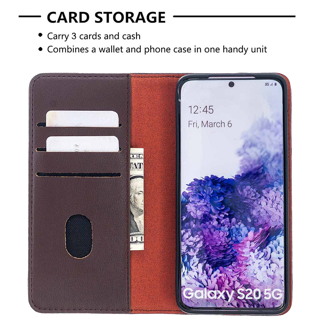 Detachable 2-in-1 Genuine Leather Wallet Stand Case for Samsung Galaxy S20 4G/S20 5G - Brown