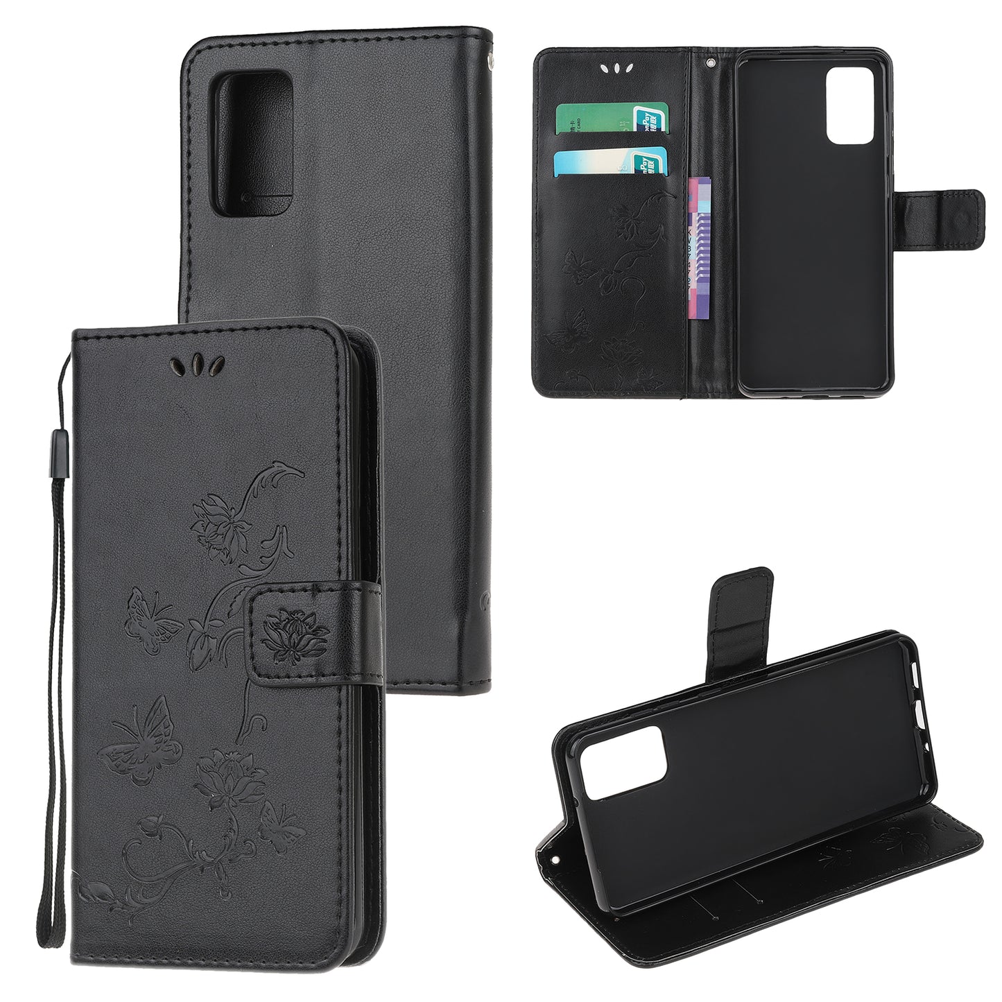 Imprint Butterfly Flowers Leather Shell Wallet Phone Case for Samsung Galaxy S20 Lite/S20 Fan Edition - Black