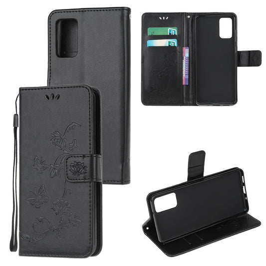 Imprint Butterfly Flowers Leather Shell Wallet Phone Case for Samsung Galaxy S20 Lite/S20 Fan Edition - Black