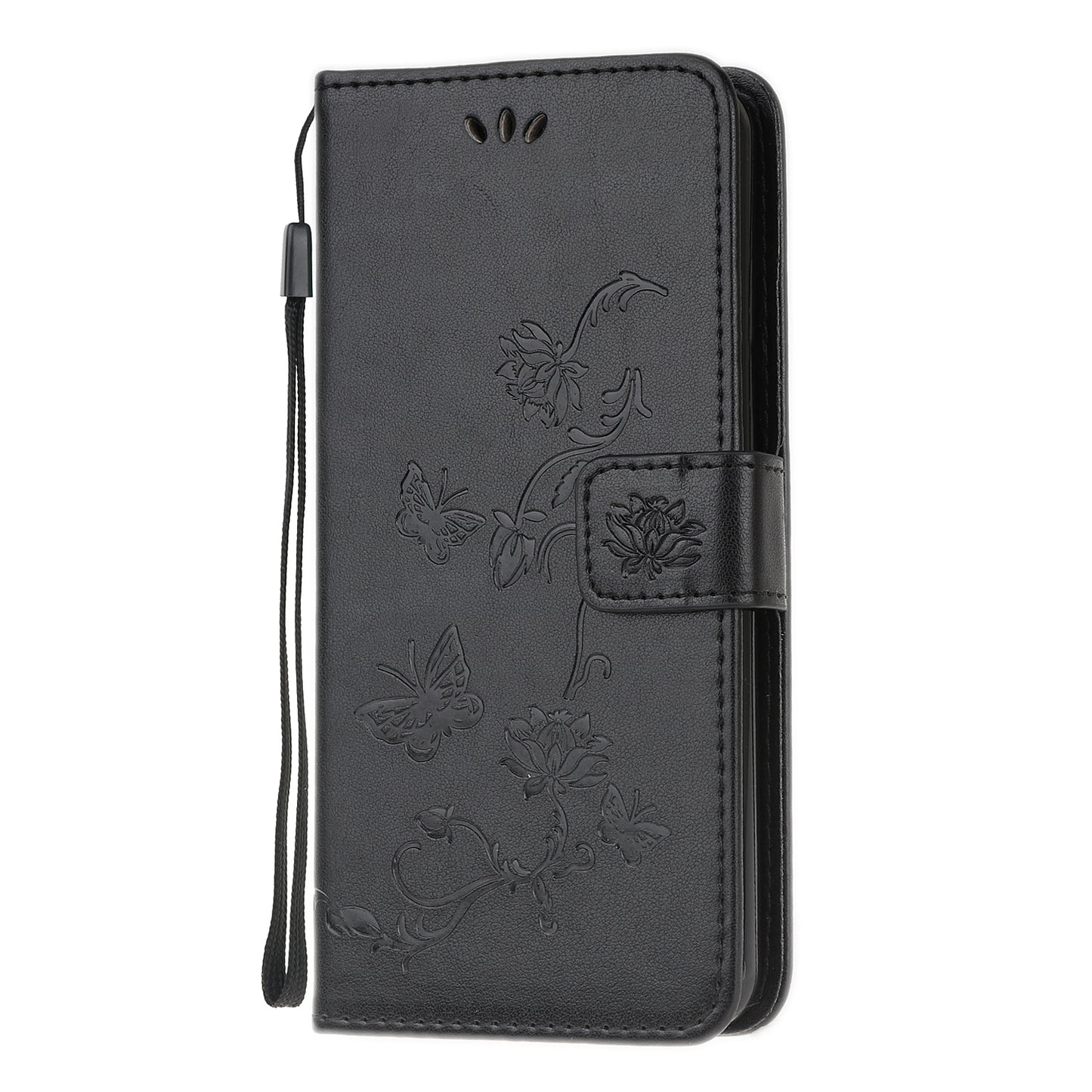 Imprint Butterfly Flowers Leather Shell Wallet Phone Case for Samsung Galaxy S20 Lite/S20 Fan Edition - Black