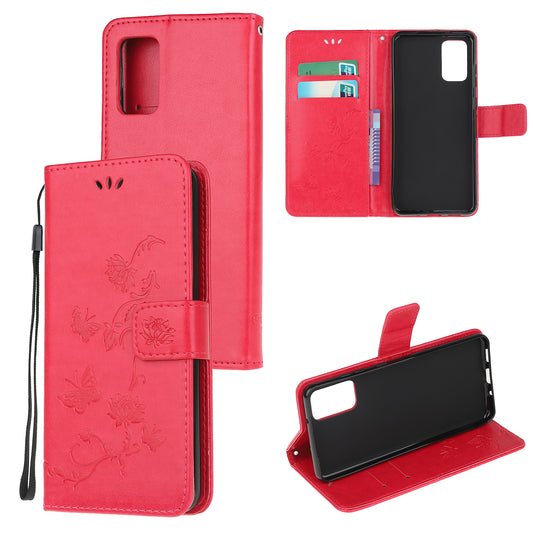 Imprint Butterfly Flowers Leather Shell Wallet Phone Case for Samsung Galaxy S20 Lite/S20 Fan Edition - Red
