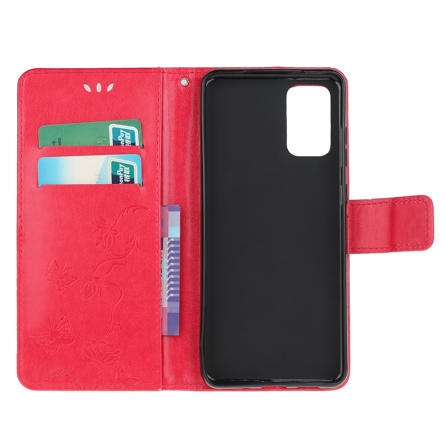 Imprint Butterfly Flowers Leather Shell Wallet Phone Case for Samsung Galaxy S20 Lite/S20 Fan Edition - Red