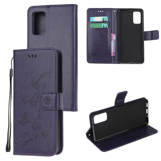 Imprint Butterfly Flowers Leather Shell Wallet Phone Case for Samsung Galaxy S20 Lite/S20 Fan Edition - Dark Purple