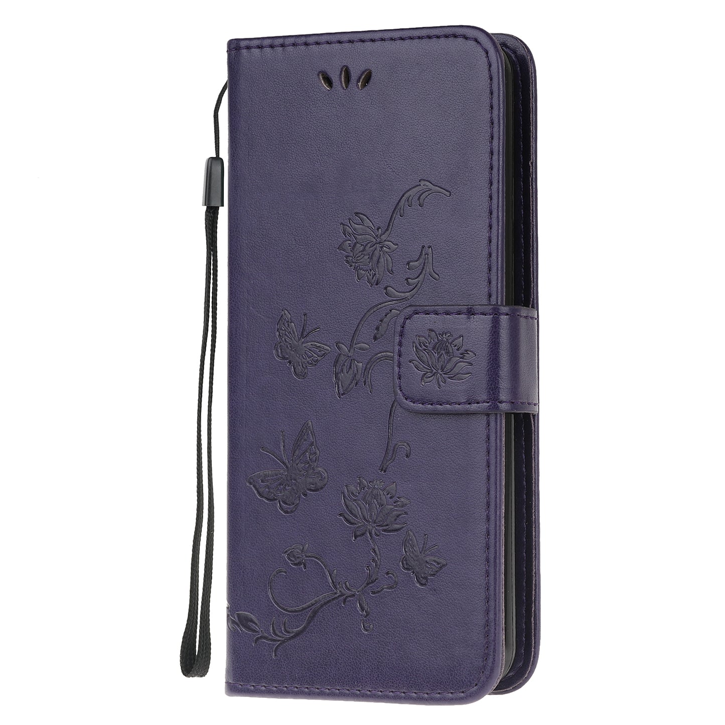 Imprint Butterfly Flowers Leather Shell Wallet Phone Case for Samsung Galaxy S20 Lite/S20 Fan Edition - Dark Purple