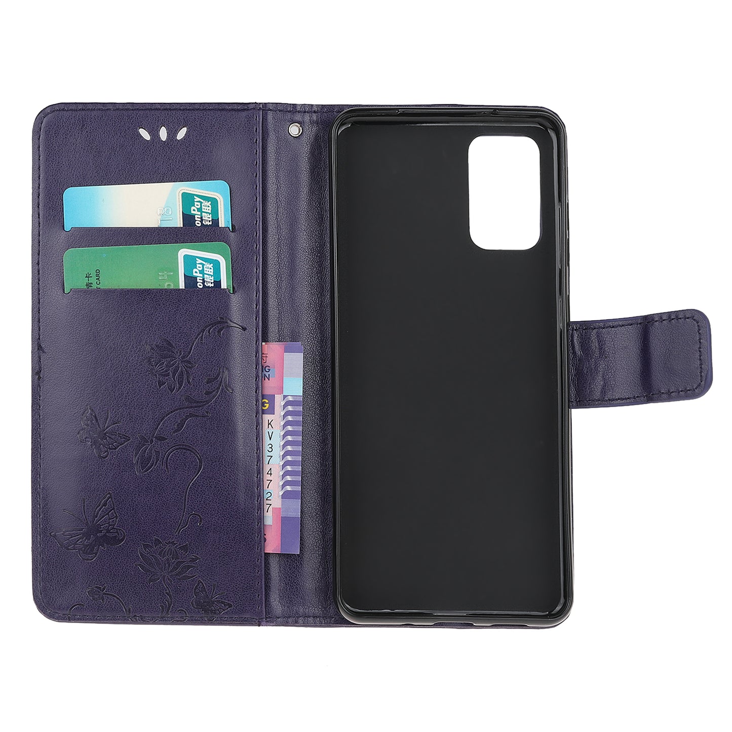 Imprint Butterfly Flowers Leather Shell Wallet Phone Case for Samsung Galaxy S20 Lite/S20 Fan Edition - Dark Purple