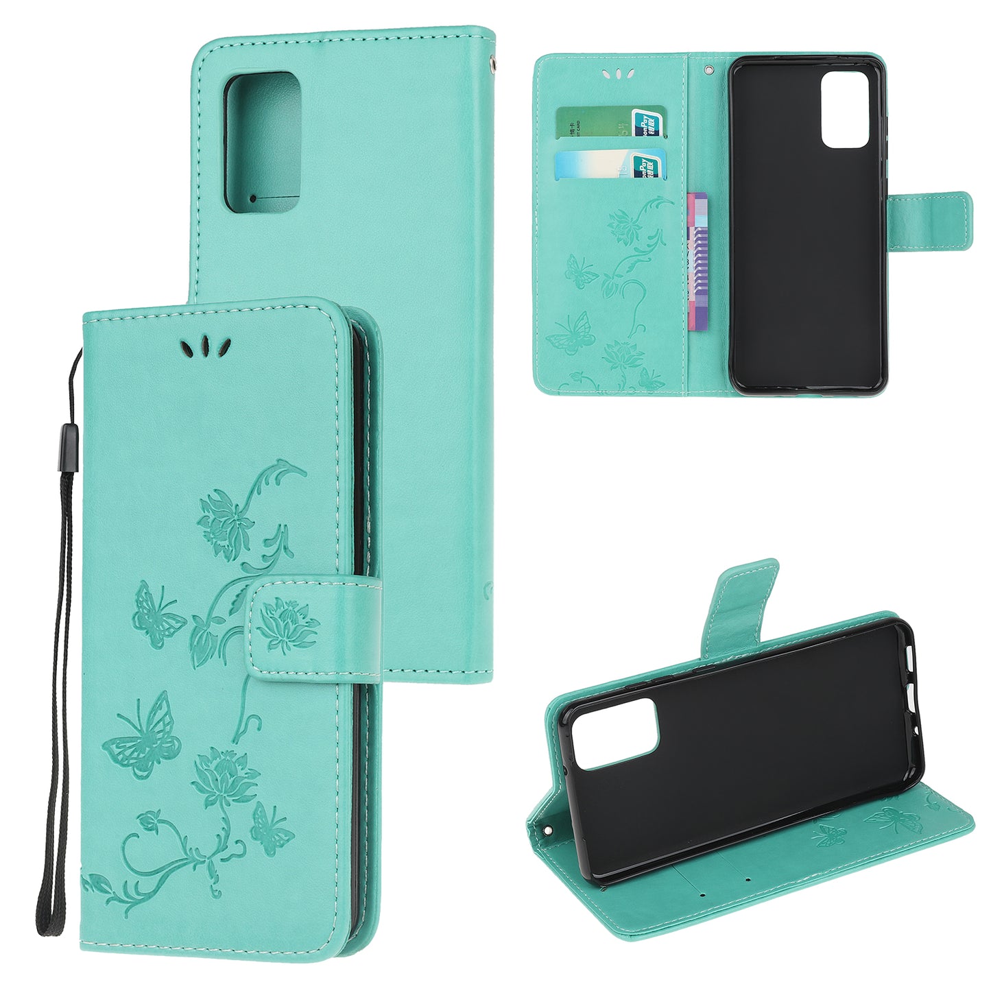 Imprint Butterfly Flowers Leather Shell Wallet Phone Case for Samsung Galaxy S20 Lite/S20 Fan Edition - Cyan