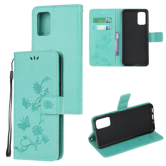 Imprint Butterfly Flowers Leather Shell Wallet Phone Case for Samsung Galaxy S20 Lite/S20 Fan Edition - Cyan