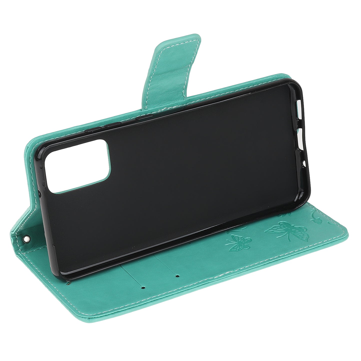 Imprint Butterfly Flowers Leather Shell Wallet Phone Case for Samsung Galaxy S20 Lite/S20 Fan Edition - Cyan
