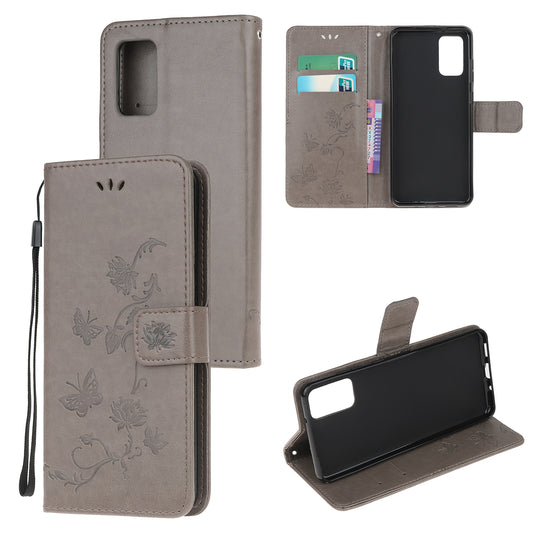 Imprint Butterfly Flowers Leather Shell Wallet Phone Case for Samsung Galaxy S20 Lite/S20 Fan Edition - Grey