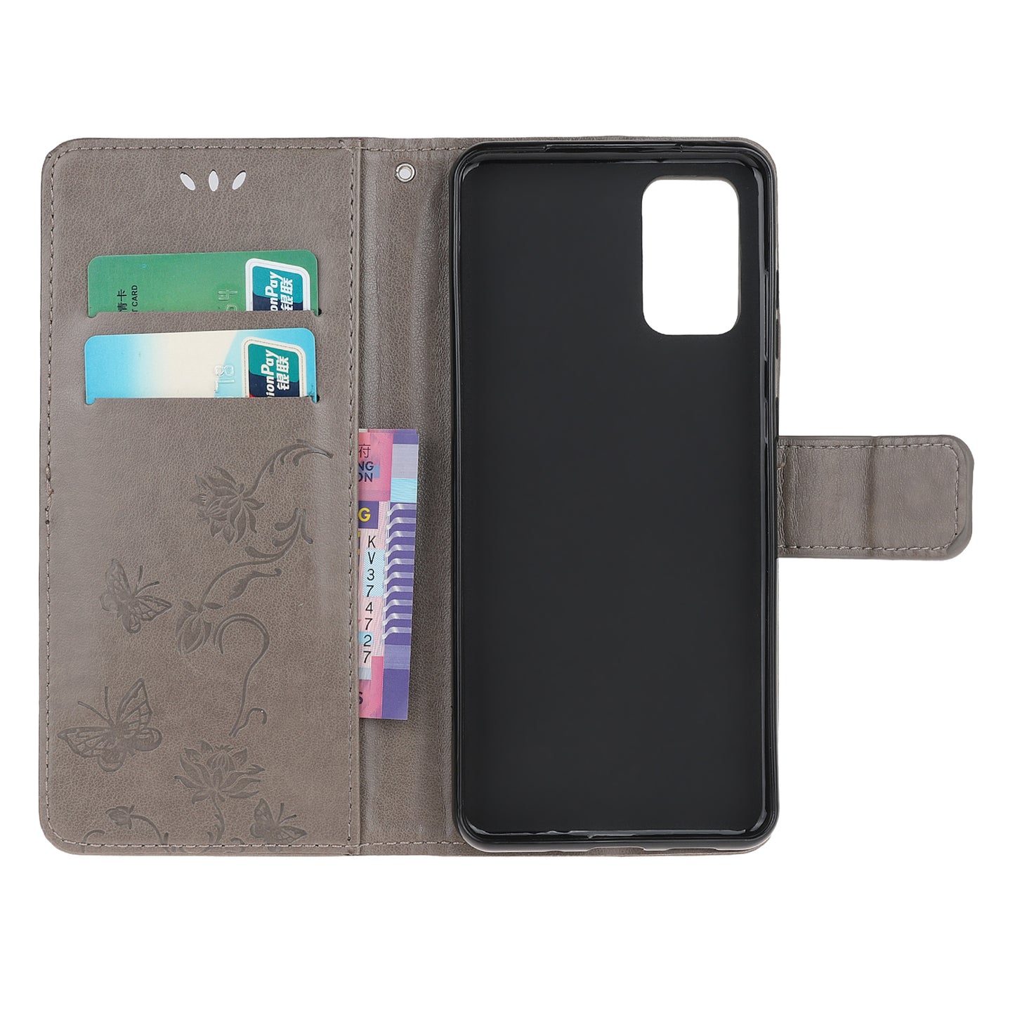 Imprint Butterfly Flowers Leather Shell Wallet Phone Case for Samsung Galaxy S20 Lite/S20 Fan Edition - Grey