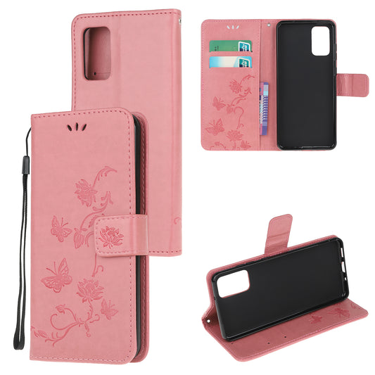 Imprint Butterfly Flowers Leather Shell Wallet Phone Case for Samsung Galaxy S20 Lite/S20 Fan Edition - Pink