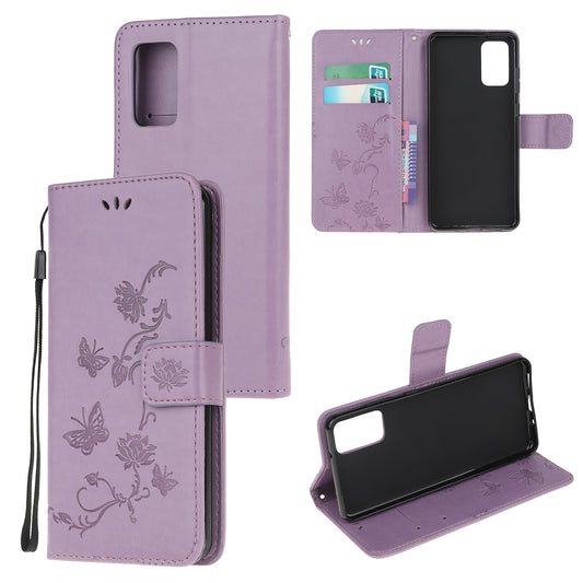 Imprint Butterfly Flowers Leather Shell Wallet Phone Case for Samsung Galaxy S20 Lite/S20 Fan Edition - Light Purple