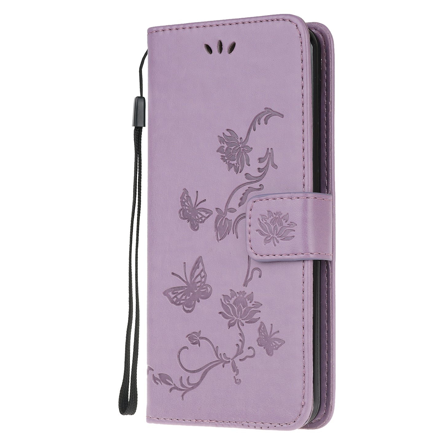 Imprint Butterfly Flowers Leather Shell Wallet Phone Case for Samsung Galaxy S20 Lite/S20 Fan Edition - Light Purple