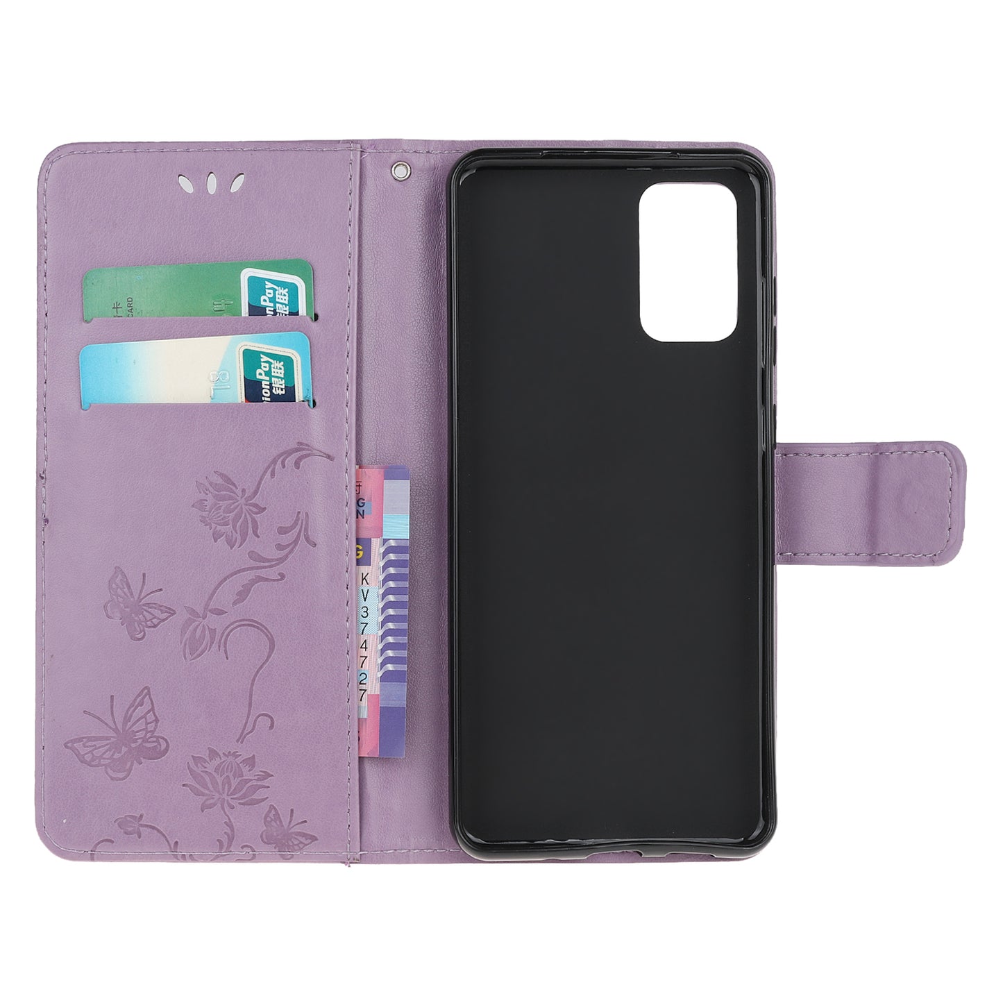 Imprint Butterfly Flowers Leather Shell Wallet Phone Case for Samsung Galaxy S20 Lite/S20 Fan Edition - Light Purple