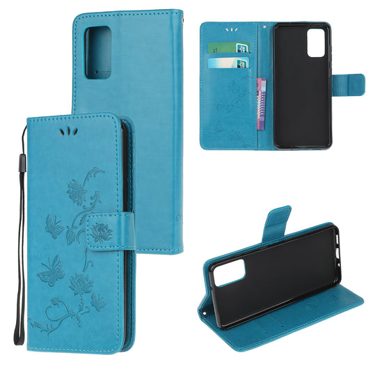 Imprint Butterfly Flowers Leather Shell Wallet Phone Case for Samsung Galaxy S20 Lite/S20 Fan Edition - Blue