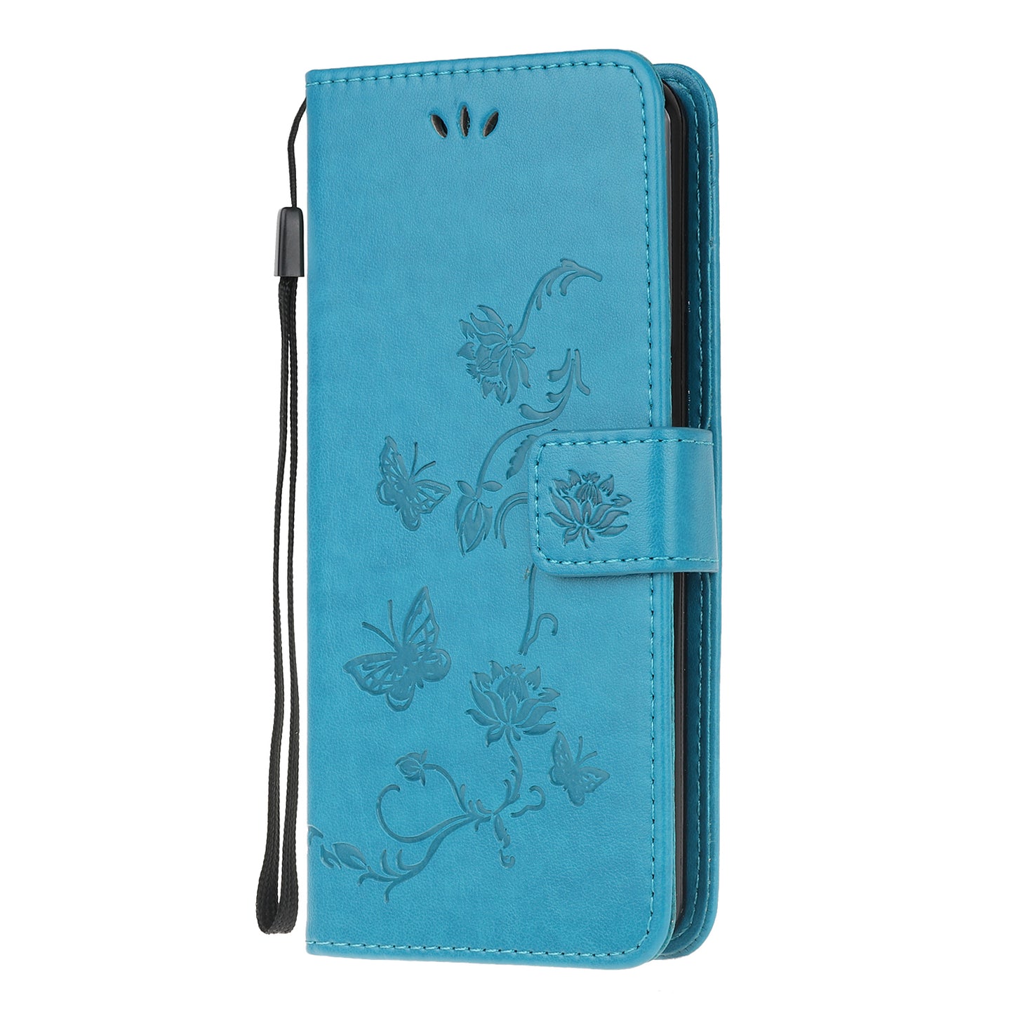 Imprint Butterfly Flowers Leather Shell Wallet Phone Case for Samsung Galaxy S20 Lite/S20 Fan Edition - Blue