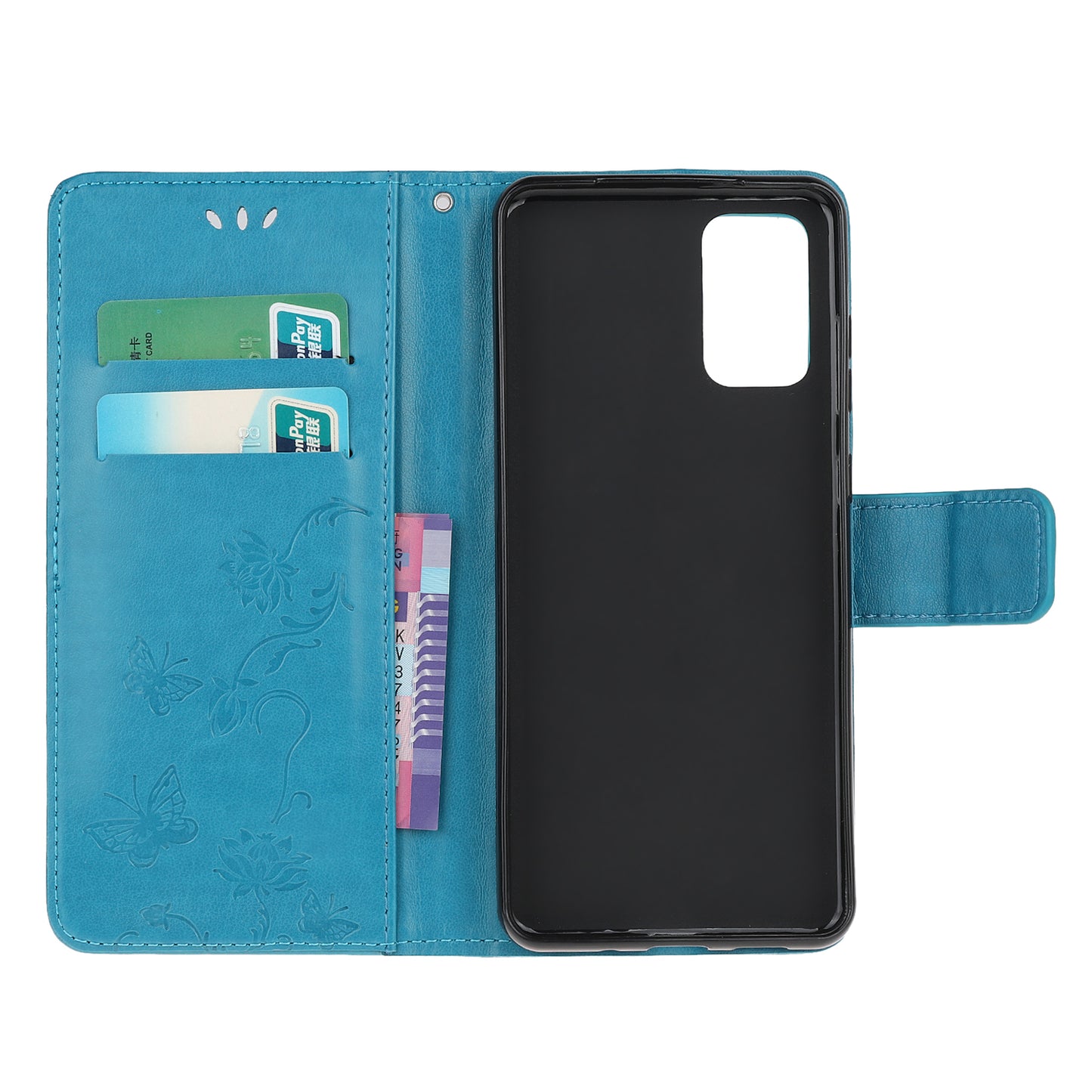 Imprint Butterfly Flowers Leather Shell Wallet Phone Case for Samsung Galaxy S20 Lite/S20 Fan Edition - Blue