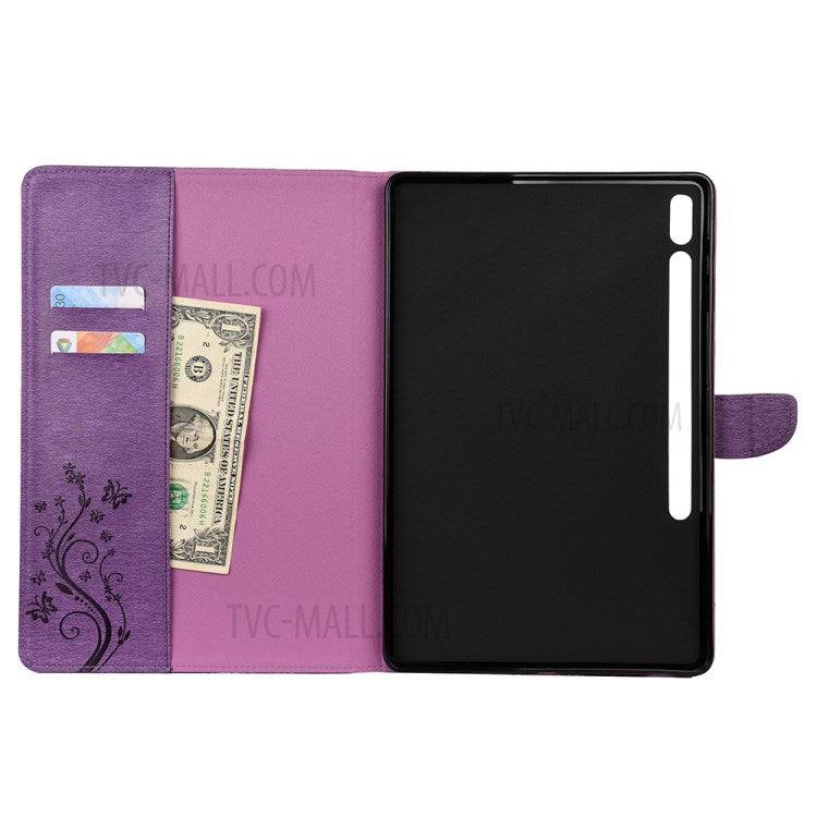 Butterflies Imprint Wallet Stand Flip Leather Tablet Cover for Samsung Galaxy Tab S7+ / T970 / S8+ - Purple