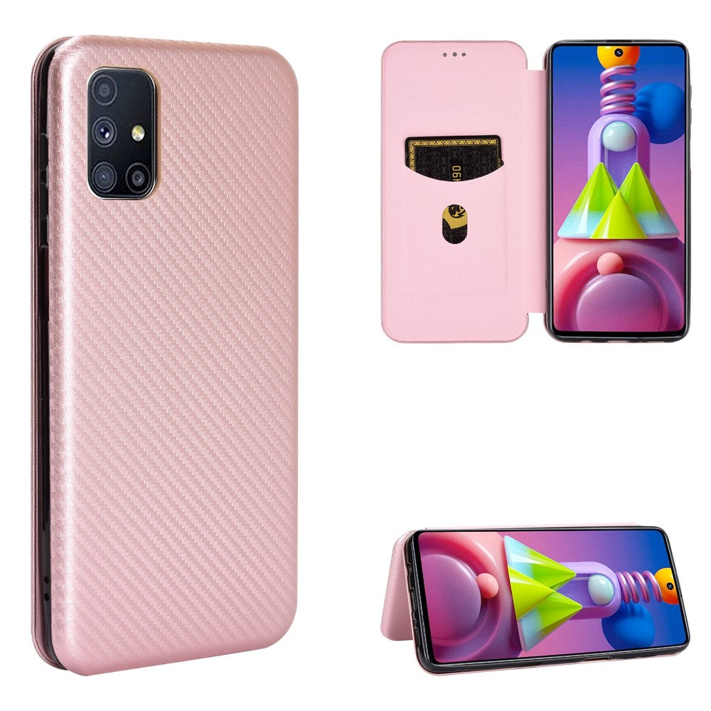 Carbon Fiber Skin Auto-absorbed Leather Cover for Samsung Galaxy M51 - Rose Gold