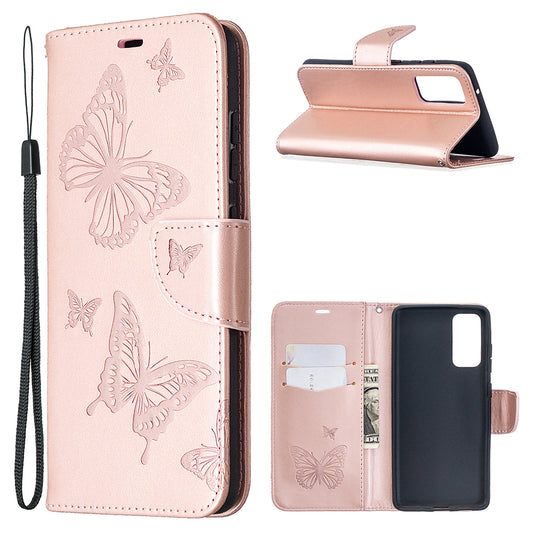 Imprint Butterflies with Wallet Leather Cover for Samsung Galaxy S20 FE 4G/FE 5G/S20 Lite/S20 FE 2022 - Rose Gold