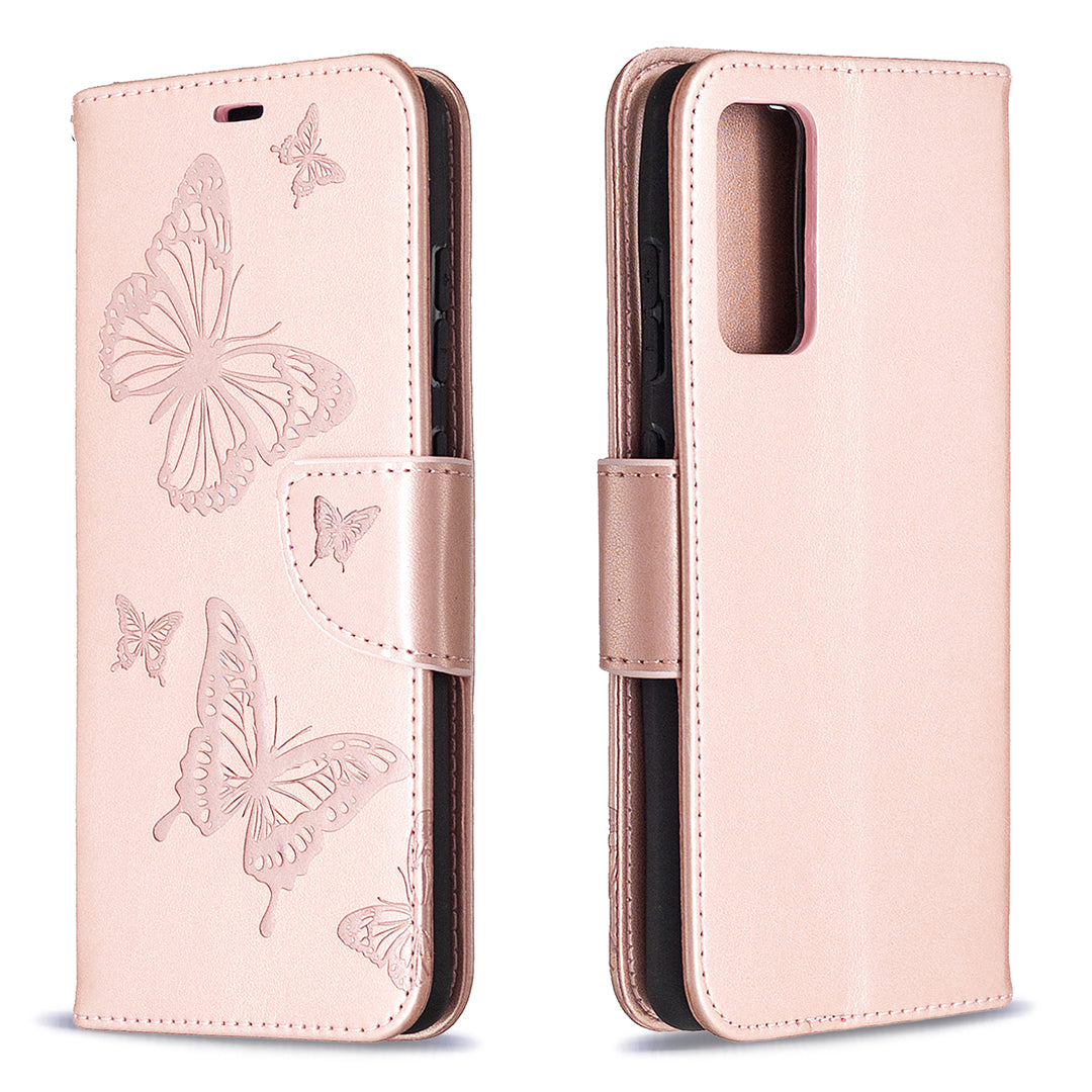 Imprint Butterflies with Wallet Leather Cover for Samsung Galaxy S20 FE 4G/FE 5G/S20 Lite/S20 FE 2022 - Rose Gold