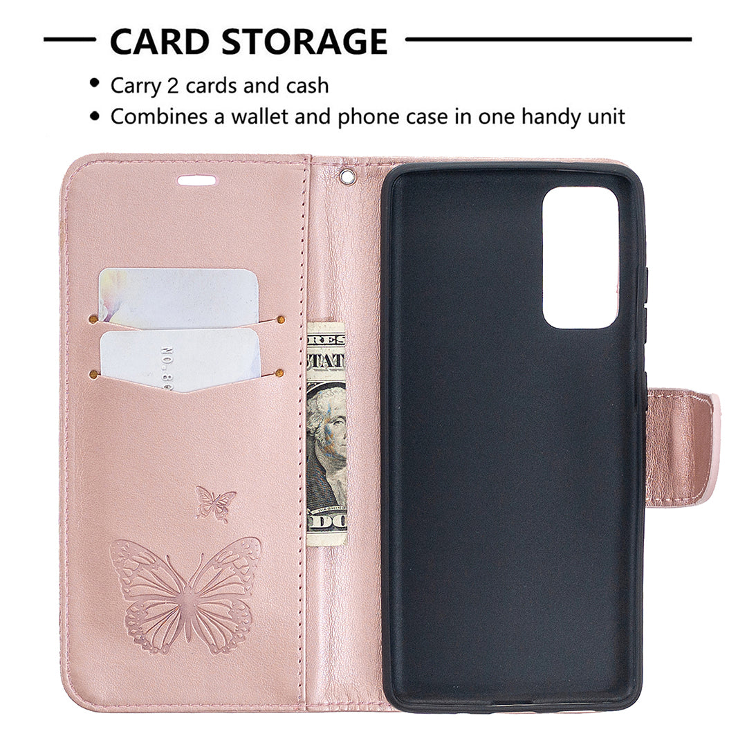Imprint Butterflies with Wallet Leather Cover for Samsung Galaxy S20 FE 4G/FE 5G/S20 Lite/S20 FE 2022 - Rose Gold