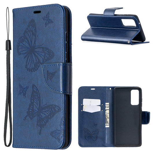 Imprint Butterflies with Wallet Leather Cover for Samsung Galaxy S20 FE 4G/FE 5G/S20 Lite/S20 FE 2022 - Blue