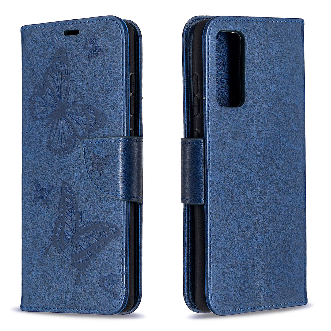 Imprint Butterflies with Wallet Leather Cover for Samsung Galaxy S20 FE 4G/FE 5G/S20 Lite/S20 FE 2022 - Blue