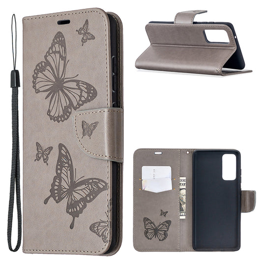 Imprint Butterflies with Wallet Leather Cover for Samsung Galaxy S20 FE 4G/FE 5G/S20 Lite/S20 FE 2022 - Grey
