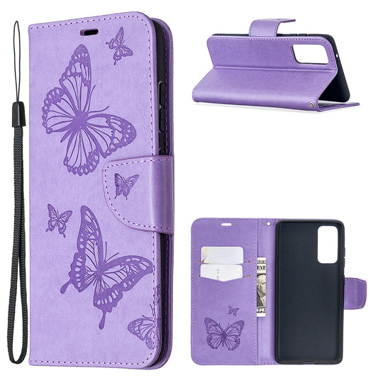 Imprint Butterflies with Wallet Leather Cover for Samsung Galaxy S20 FE 4G/FE 5G/S20 Lite/S20 FE 2022 - Purple