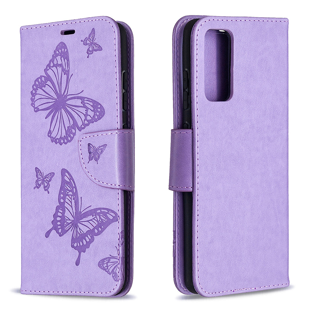Imprint Butterflies with Wallet Leather Cover for Samsung Galaxy S20 FE 4G/FE 5G/S20 Lite/S20 FE 2022 - Purple