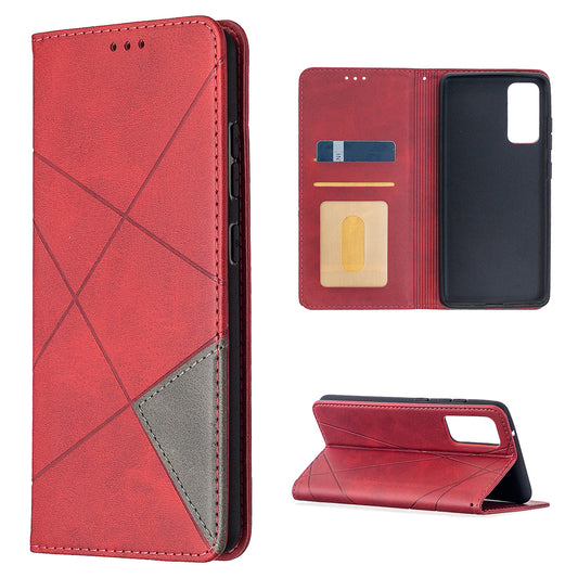 Geometric Pattern Leather Stand Case with Card Slots for Samsung Galaxy S20 FE 4G / FE 5G / S20 Lite / S20 FE 2022 - Red